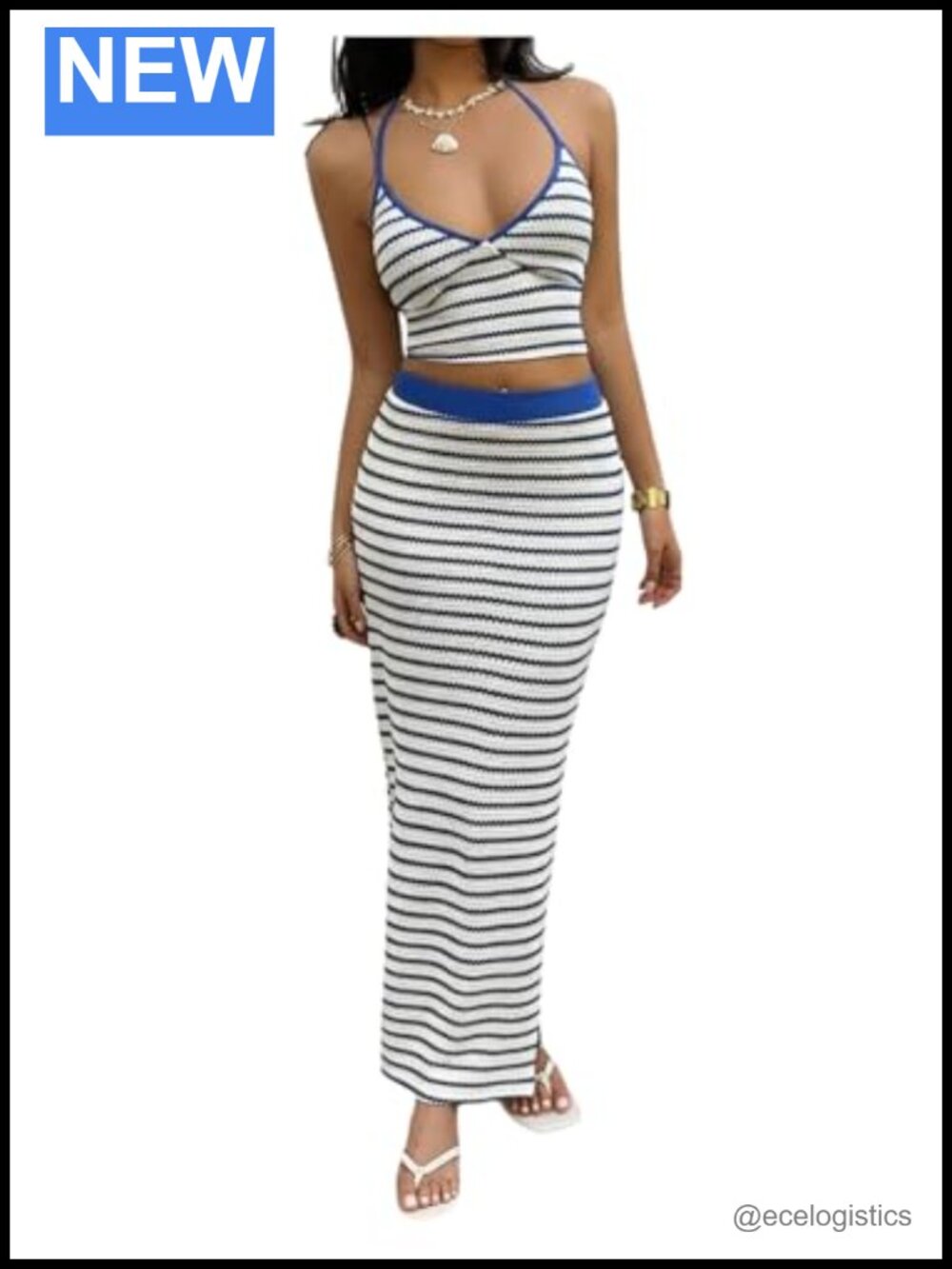 Women's 2 Piece Skirt Set Striped Crop Top Knitted Maxi